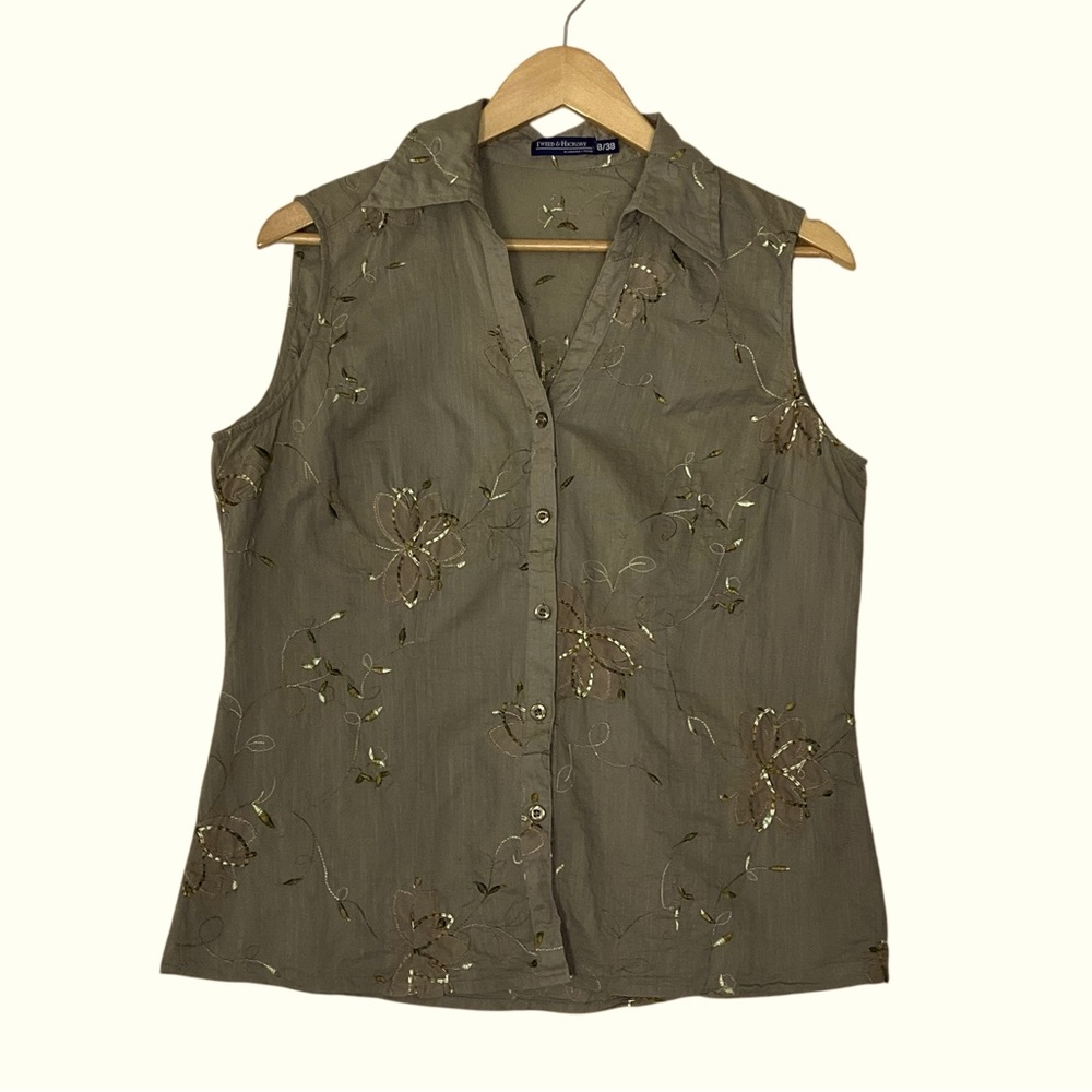 TWEED & HICKORY sz 8 Sleeveless Blouse V Neck Embroidery + Floral Appliqués
